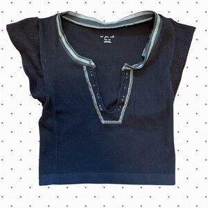 UO Out From Under Black Ribbed Knit V-Neck Crop Top